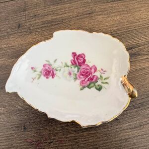 Vintage Pink Rose Porcelain Leaf Trinket Dish